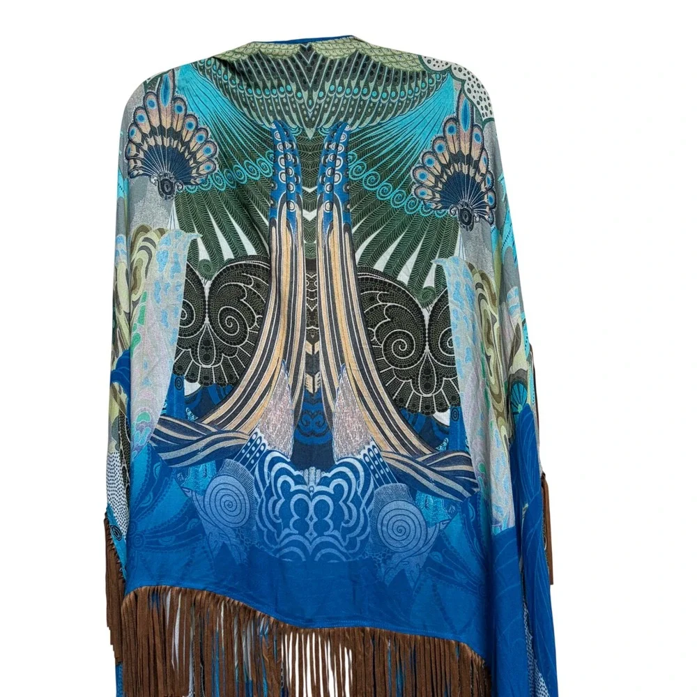 Chicos Imperial Peacock Fringe Ruana Shawl Wrap‎ Scarf NEW Festival Boho Western